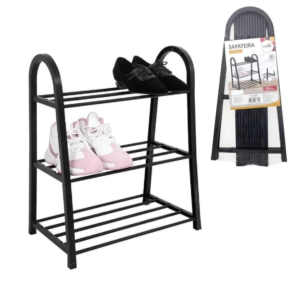 SAPATEIRA ESTANTE ORGANIZADORA DE SAPATOS RACK 9 PARES PRATELEIRA 3 ANDARES PRETA LUXO CASA QUARTO CLOSET