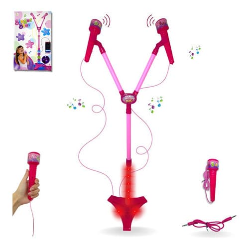Microfone Duplo Infantil C/ Pedestal Conecta No Celular Cabo