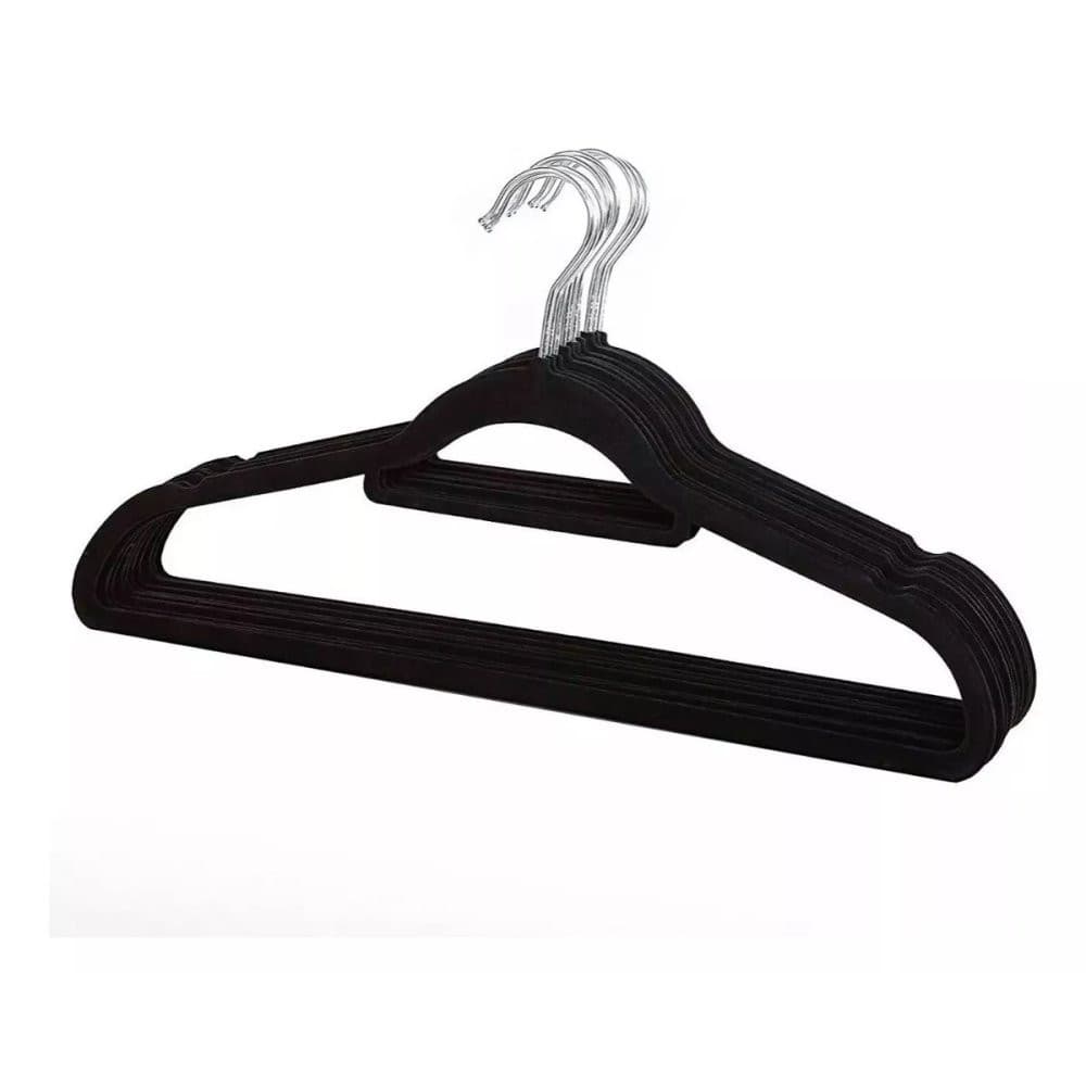 Kit 10 Unidades Cabides Slim Veludo Preto Antideslizante Design Moderno Economia Espaço