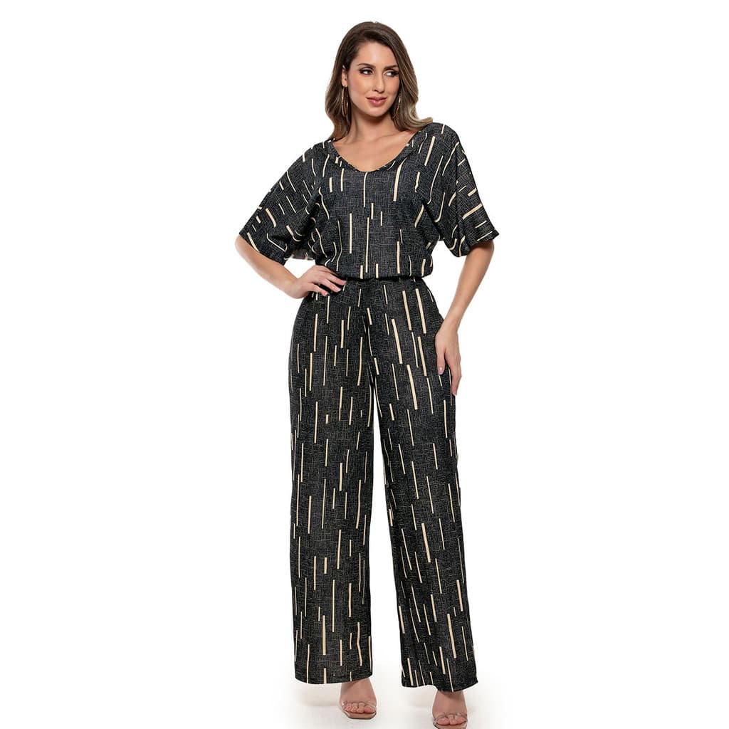 Macacão Pantalona com Decote V e Mangas Amplas – Moda Moderna