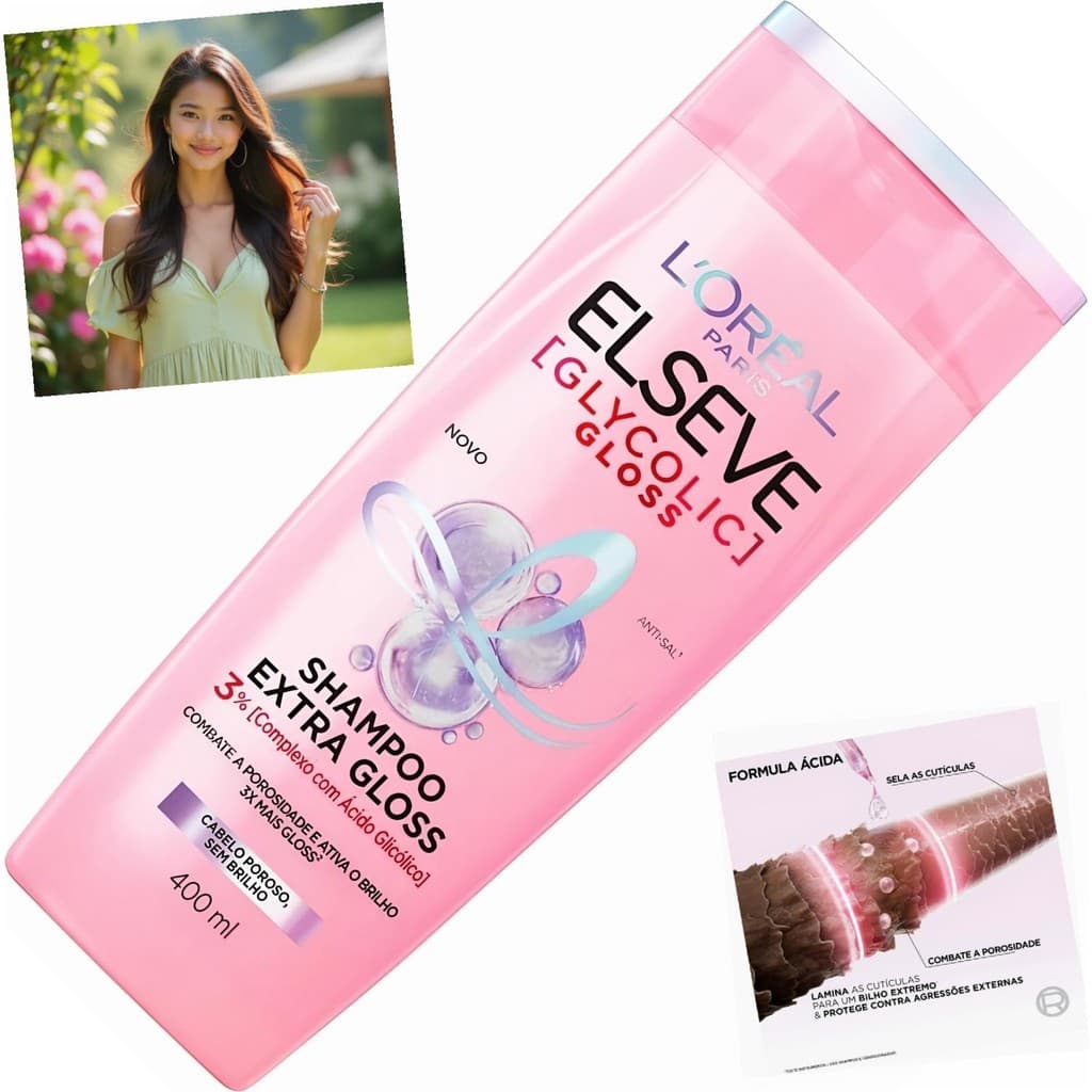 Shampoo Elseve Glycolic Gloss 400ml pH Ácido 3% Brilho Gloss Limpeza Profunda
