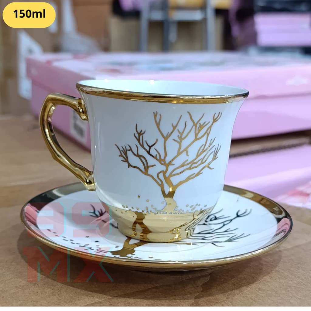 Xícara Premium 150ml com Pires – Porcelana Decorada em Dourado Árvores