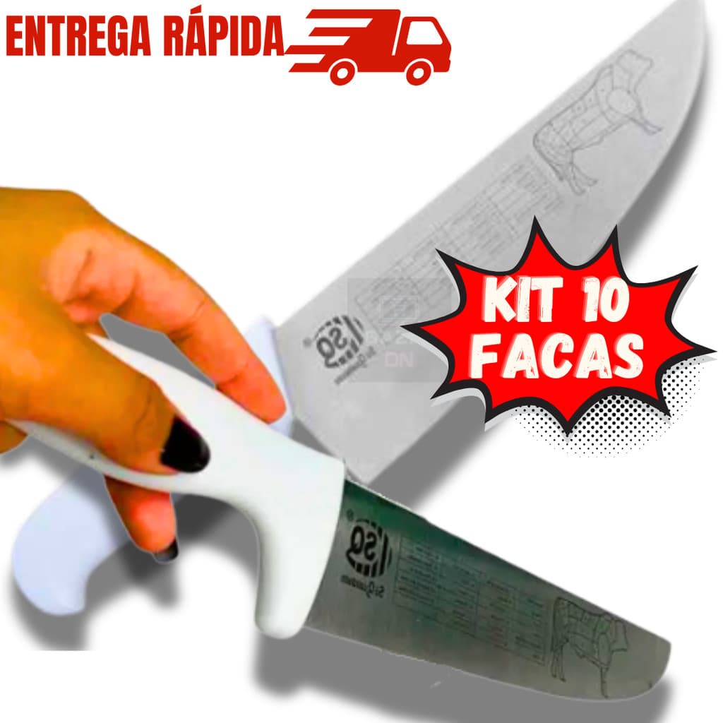 Kit 10 Facas Profissional Açougueiro Amolada Cozinha 8” Corte Carne Churrasco Peixe Afiada Cabo Branco Em Aço Inox