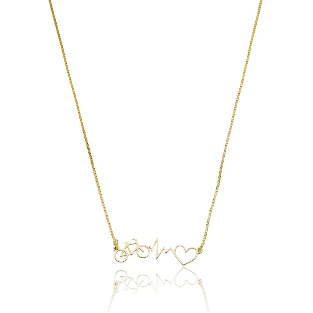 Colar Feminino Pingente de Bicicleta, Coração e Batimentos - Banhado a Ouro 18k