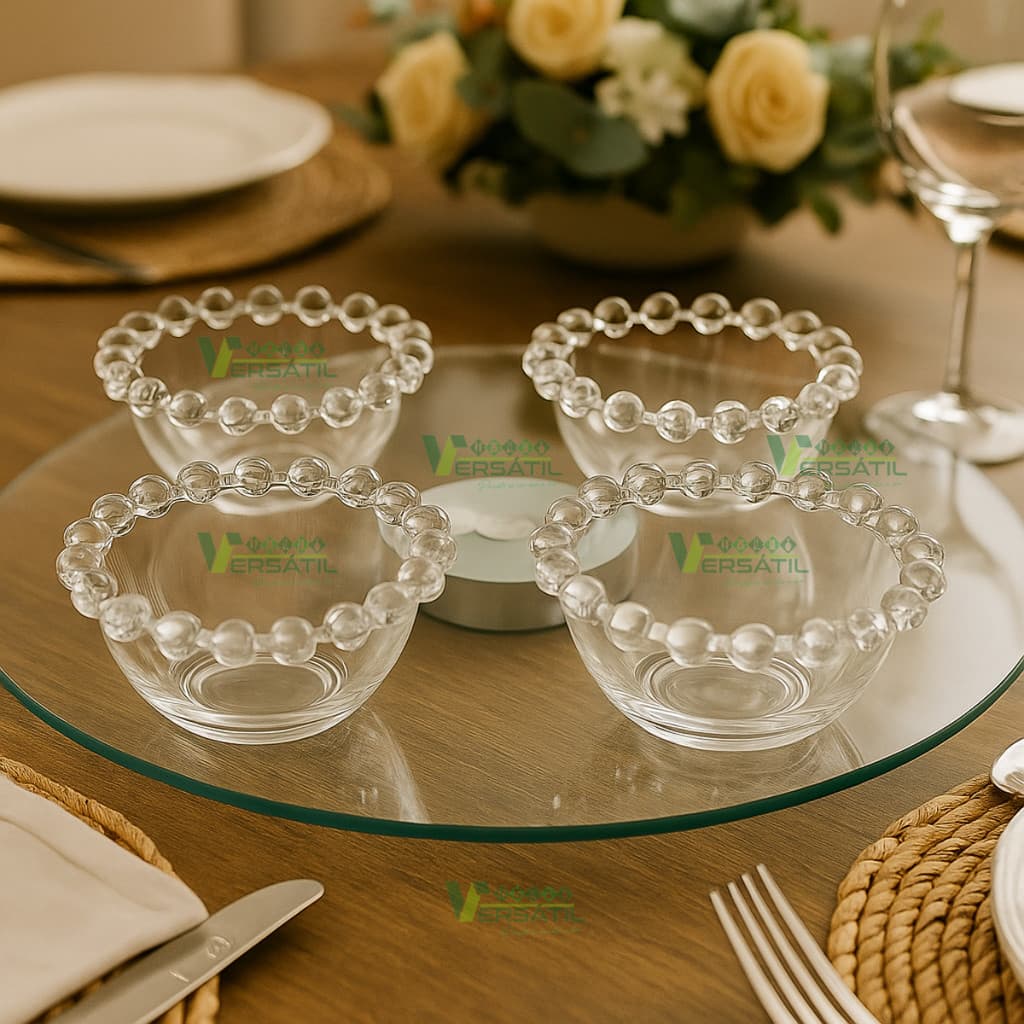 Conjunto Jogo 4 Bowls Pearl Bolinhas Cumbucas Petisqueira Sobremesa Pequena de Cristal Wolff 9x4cm Transparente