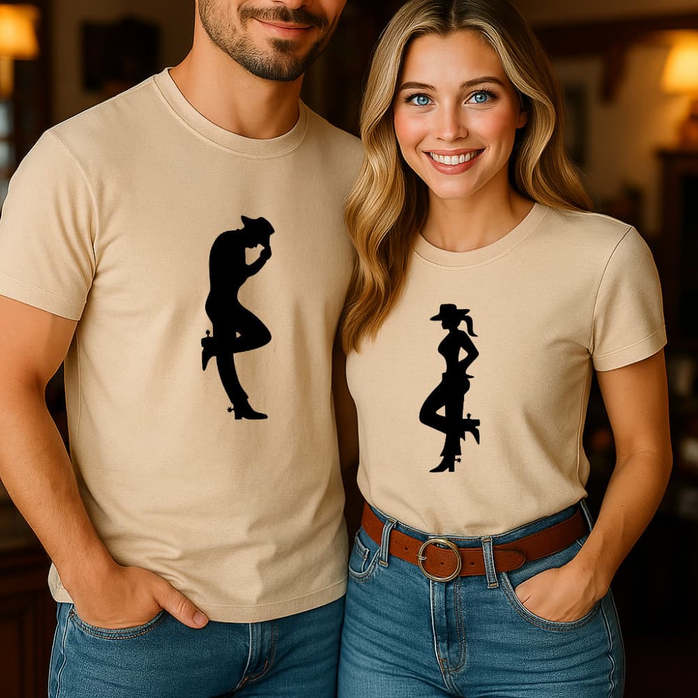 Blusa Camiseta Casal Country Estampa Silhoeuta Casal Country Chapéu Bota Dia dos Namorados Peão