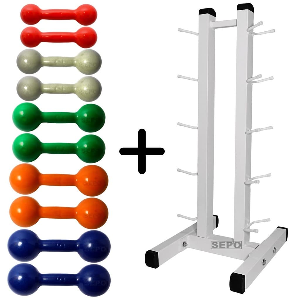 Kit Halteres Emborrachados Pares de 1Kg ao 5Kg com Suporte de Chão Branco