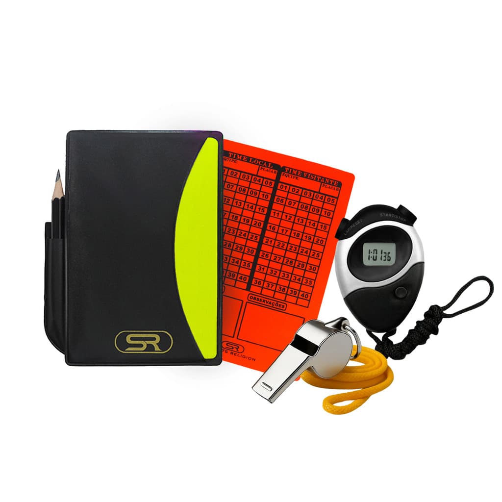 Kit Juiz de Futebol Cartão Numeral Fluo C/ Porta Cartão + Apito Metal com Cordão Sports Religion + Cronometro Digital