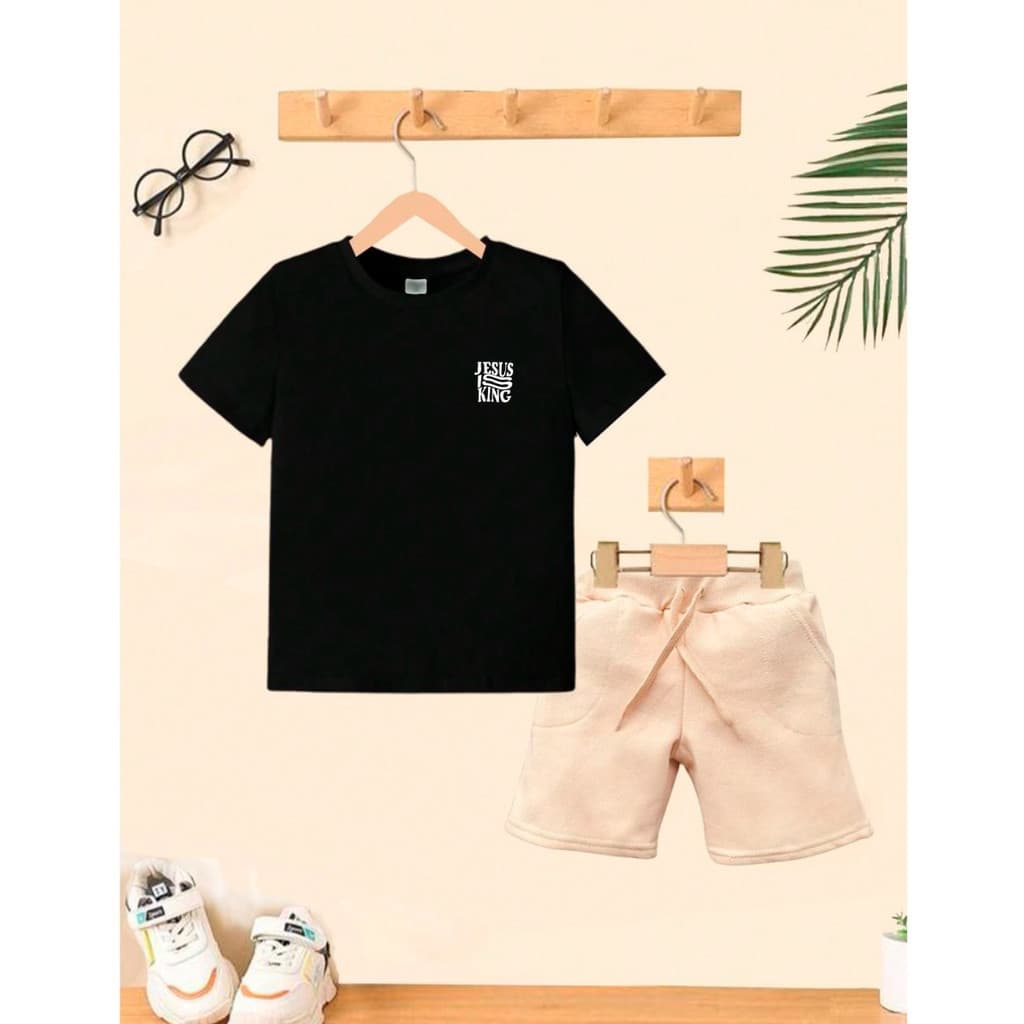 Conjunto Bermuda Bege Com Bolso + Camiseta Algodão Jesus Moda Infantil Kids Juvenil