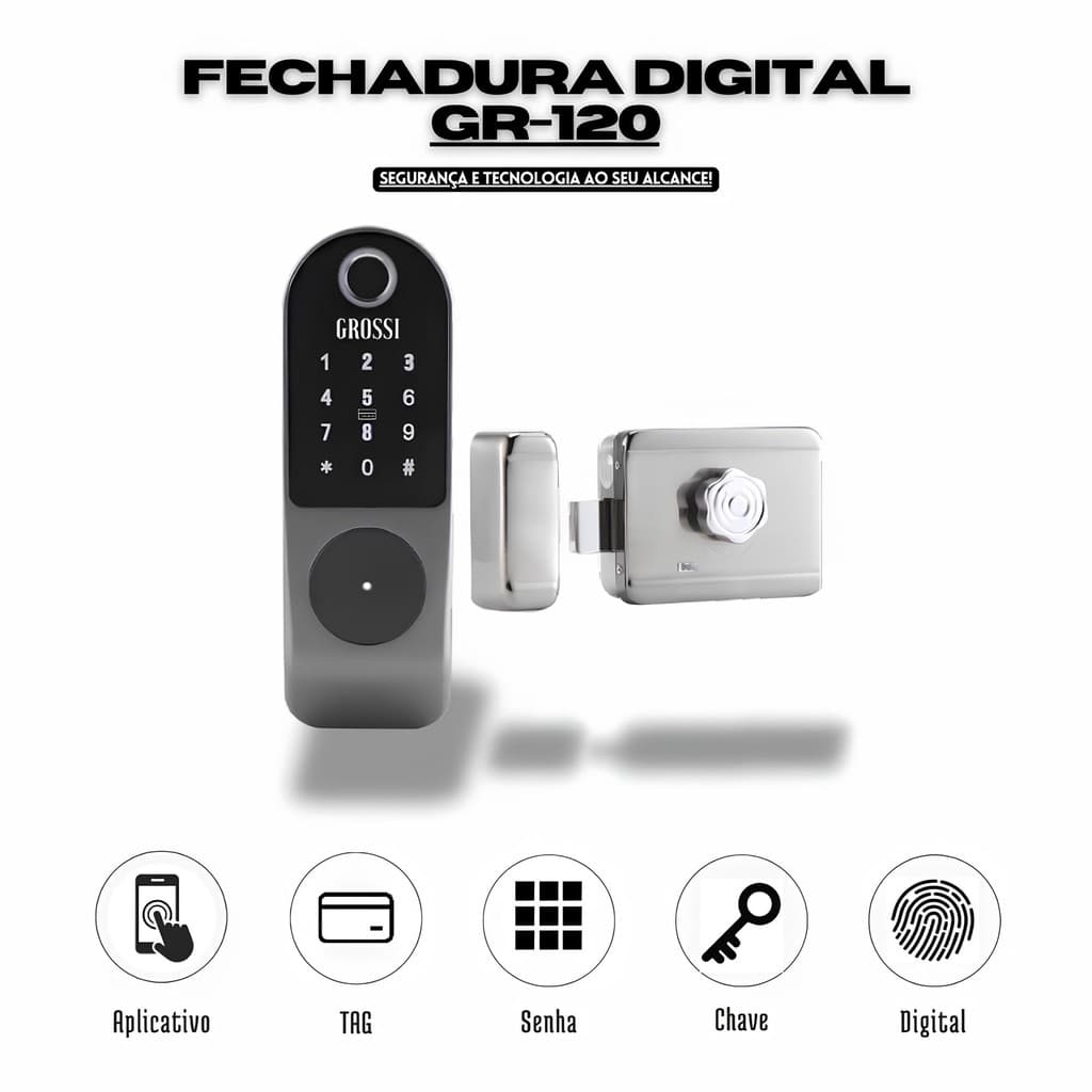 FECHADURA ELETRÔNICA DIGITAL p/ PORTÃO GROSSI GR-120 SOBREPOR APP/DIGITAL/SENHA/TAG/CHAVE