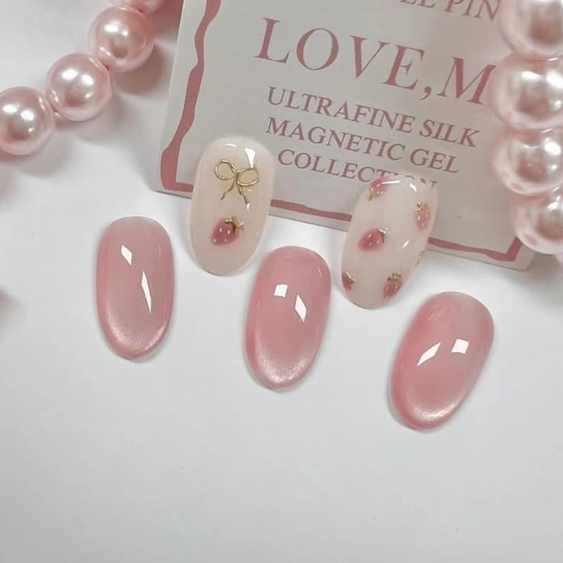 24 Pcs Press on Nails Little Fresh Morango Unhas Postiças Olho De Gato MY038