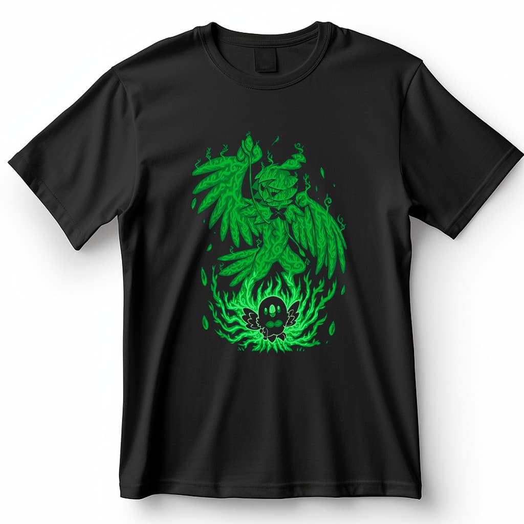 Camiseta Pokémon Rowlet e Decidueye com Efeitos de Folhagem Verde Blusa Camisa 100% Algodão