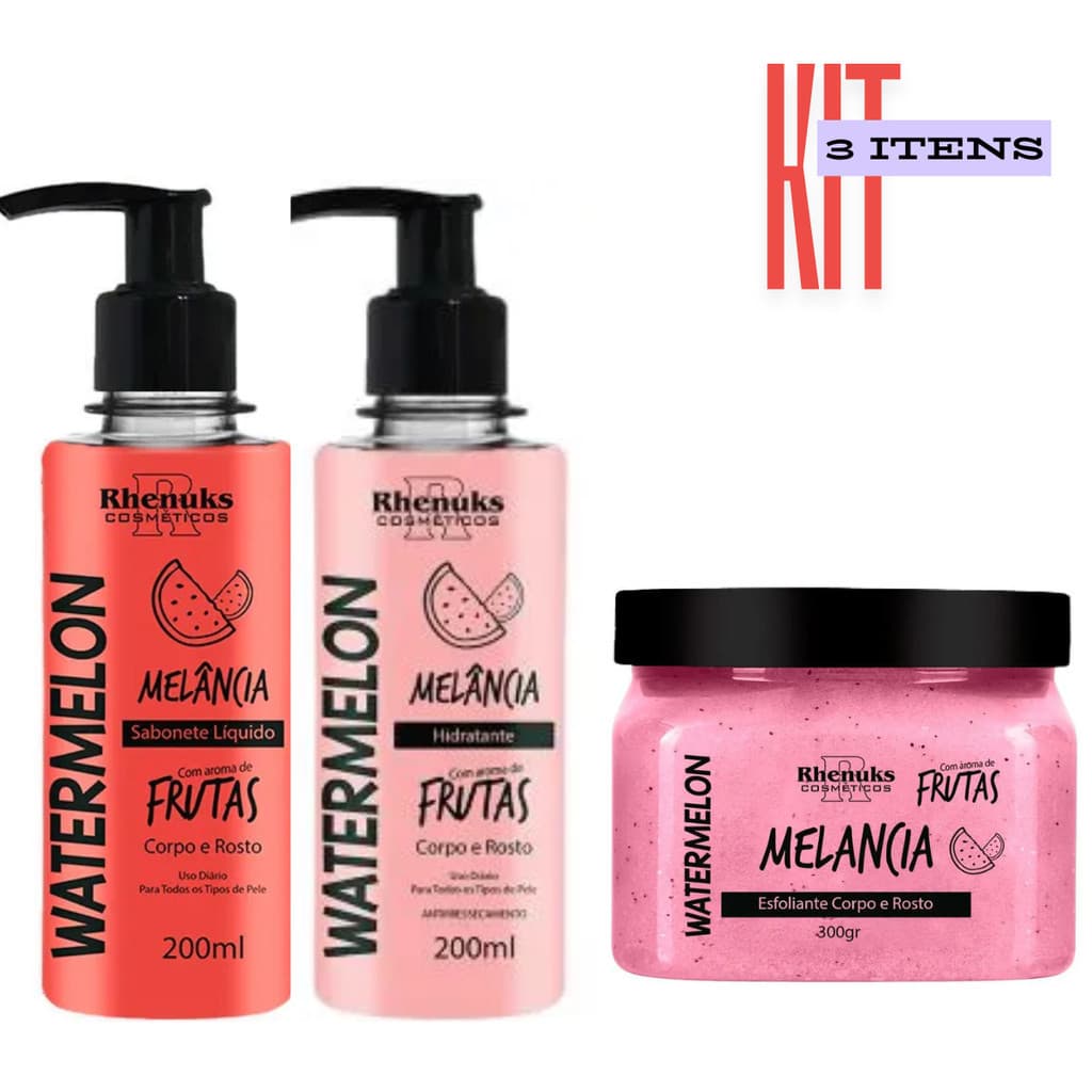 KIT SABONETE LÍQUIDO + ESFOLIANTE + HIDRATANTE CORPORAL - MELANCIA - RHENUKS