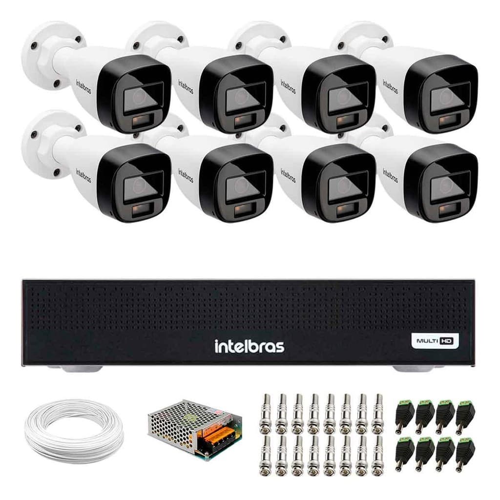 Kit 8 Câmeras Intelbras VHD 1220 B G7 Full Color Bullet Full HD 1080p IR 20m + Dvr Intelbras MHDX 1008-C 8 Canais