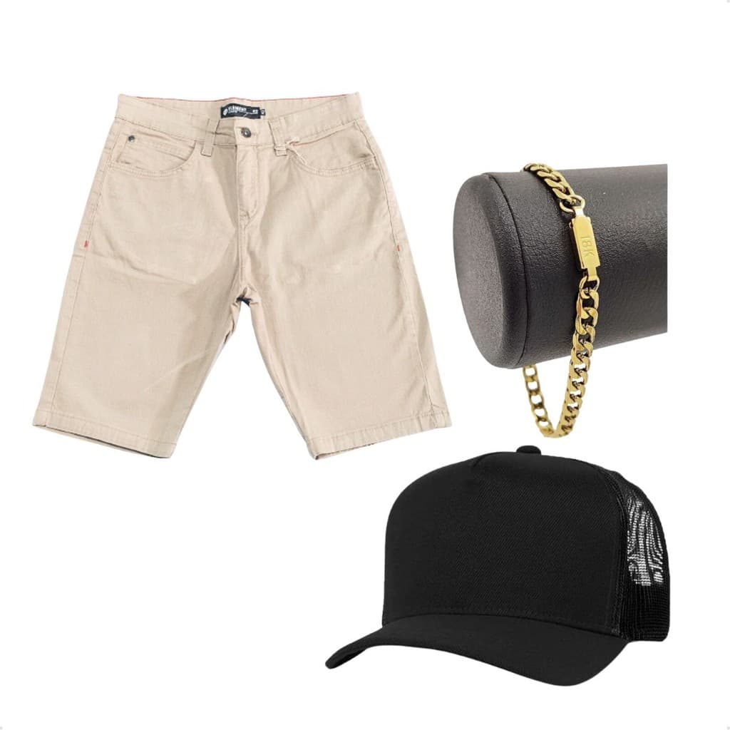 Kit 1 Bermuda Masculina Sarja 1 Boné Mais Pulseira Dourada De Alta Qualidade Linha Premium Enviamos Hoje Mesmo