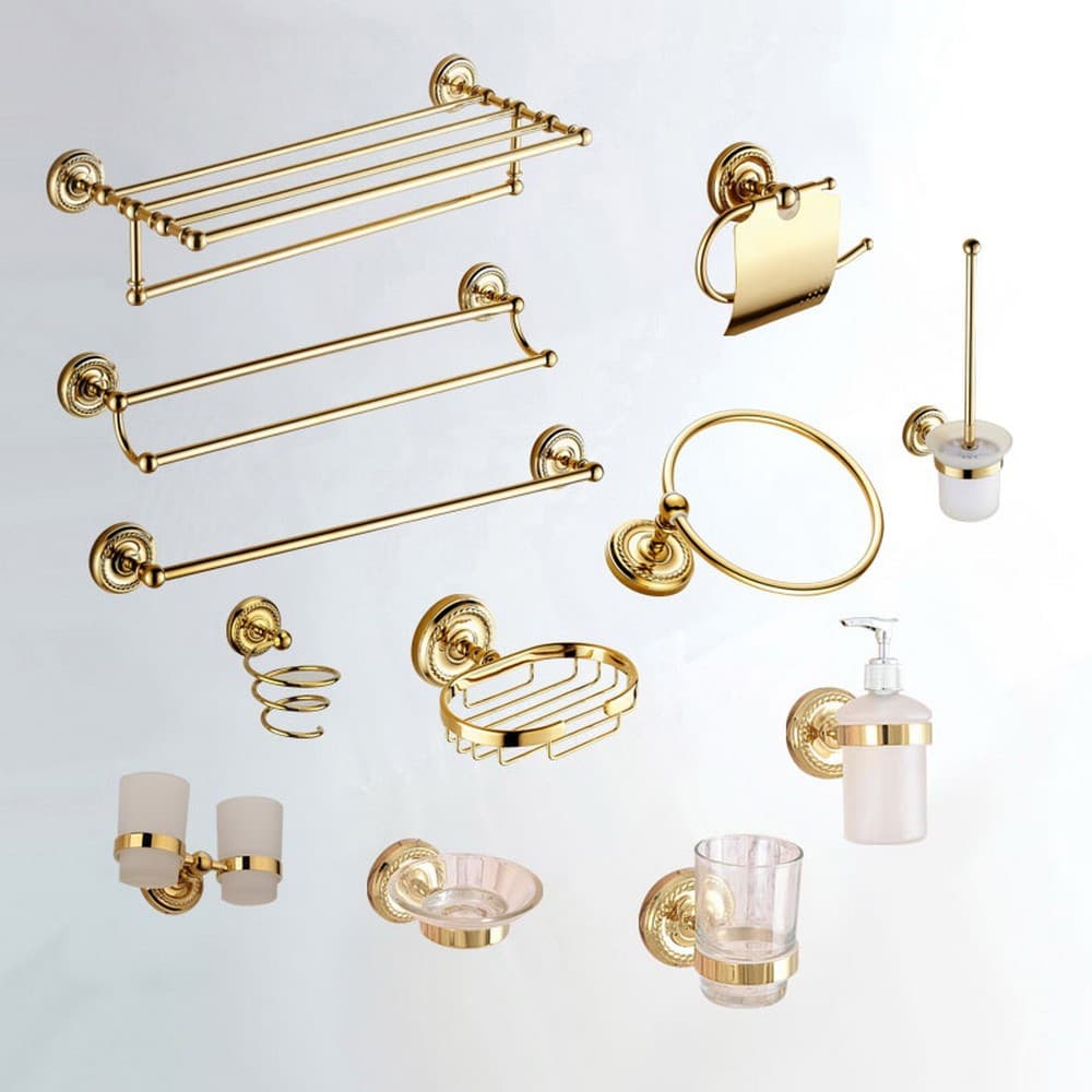 Conjunto De Hardware De Banheiro De Latão Banhado A Ouro Toalheiro Suporte De Papel Higiênico Barra De Toalha Gancho Esc