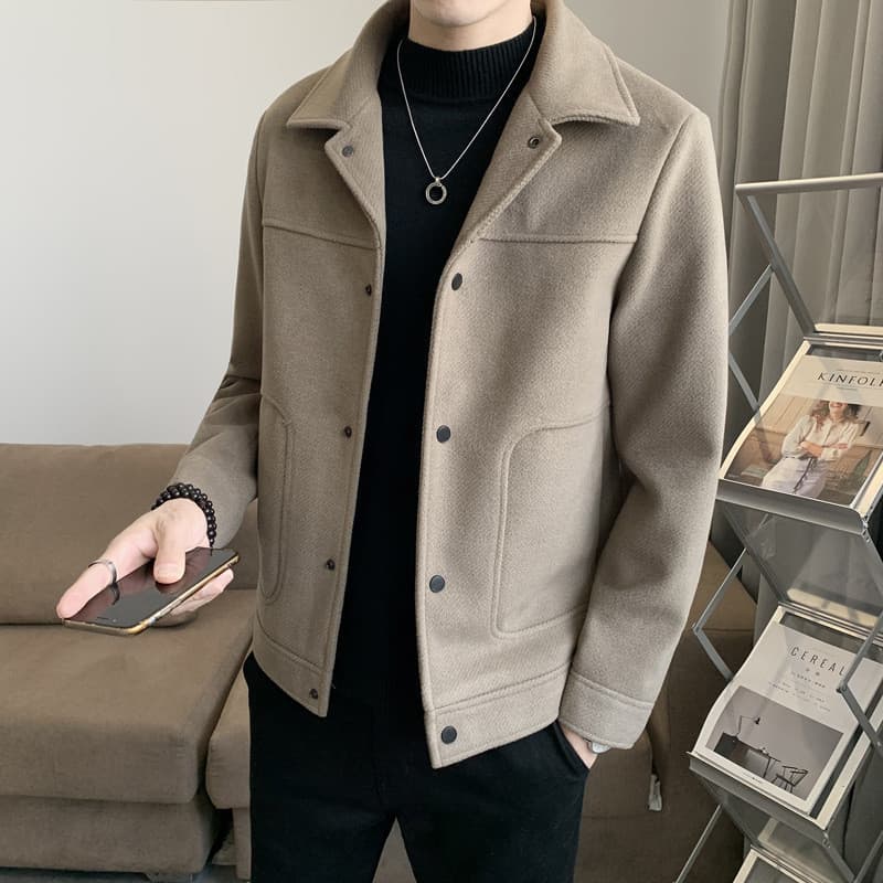 Jaqueta Masculina Outono Inverno Estilo Coreano Tendência Slim Fit Casual de Lã Curta Grossa Versátil