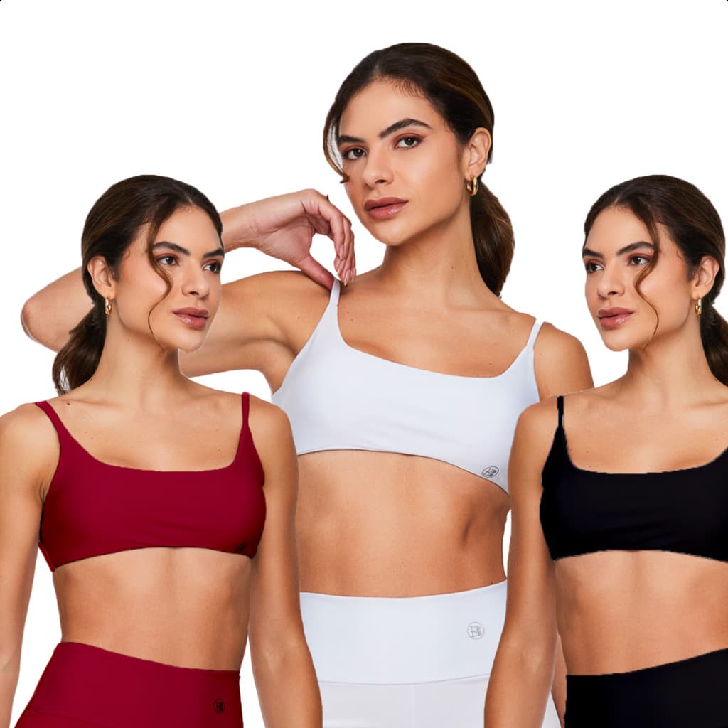 Kit 3 Top Faixa Feminino Diversas Cores - Academia Treino Yoga Fitness Bojo Removível Alças Finas