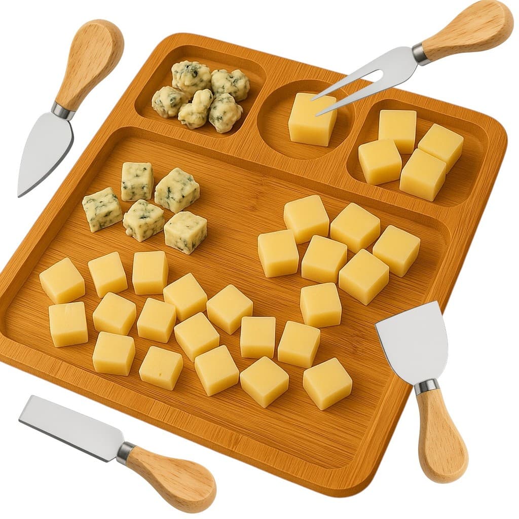 Kit Petisqueira 4 Divisórias + Jogo 4 Utensílios P/ Queijo