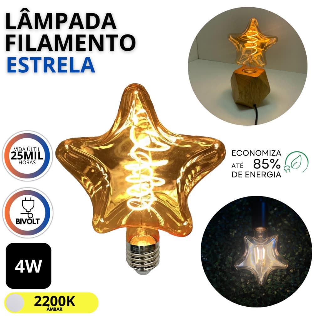 Lâmpada Filamento Led Retrô Vintage Estrela Star Decorativa 2200k Âmbar Bivolt