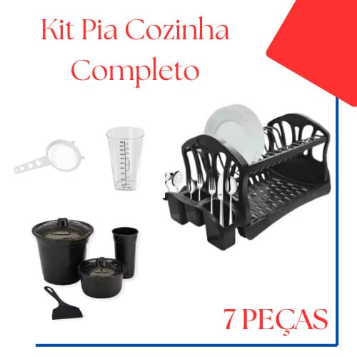 Kit Cozinha Multiuso – Lixeira, Porta Detergente, Rodo, Escorredor, Peneira e Copo Dosador