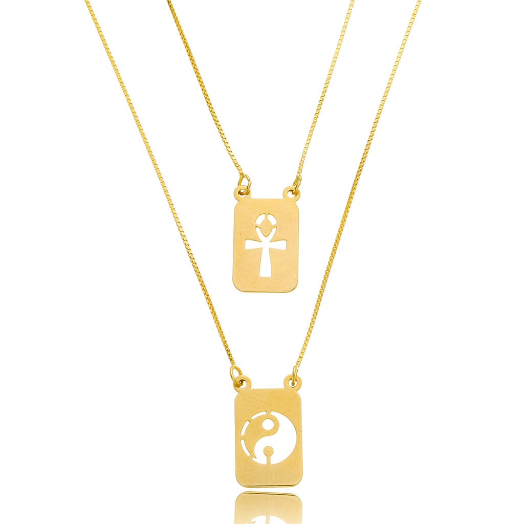 Escapulário 60cm Amuleto Yin Yang e Cruz Ansata - Prata Banhado a Ouro 18k