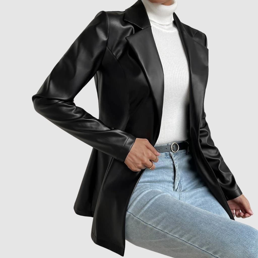Blazer Longo Feminino Couro Sintético Longo Em Gola Virada Tendência Outono