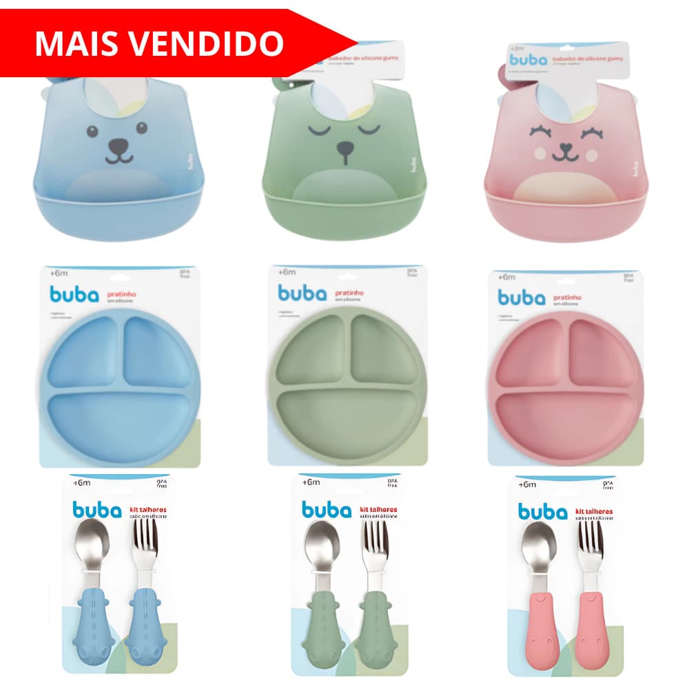 Kit Introdução Alimentar Bebes 3 em 1 – Buba (Babador + Prato com Ventosa + Talheres)