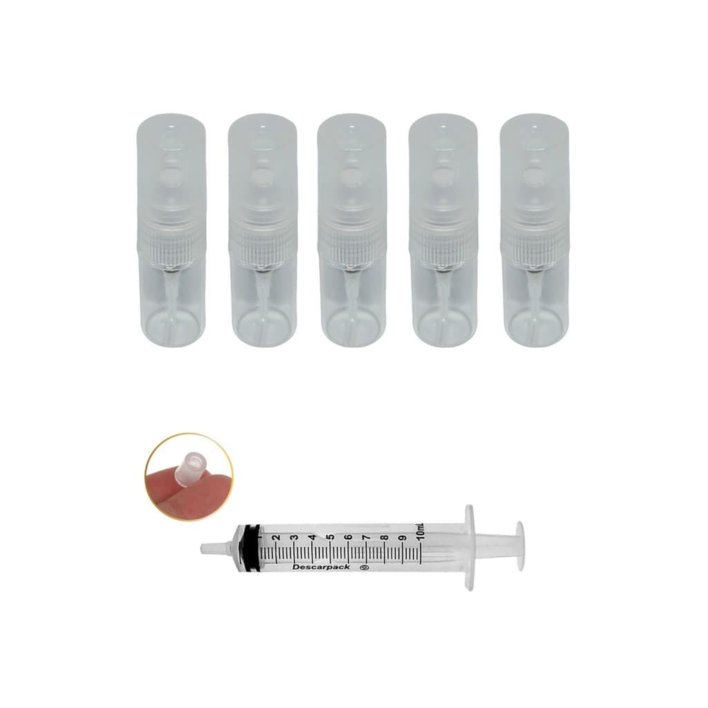 5 Frascos De Vidro 2ml Válvula Spray + Seringa Com Adaptador