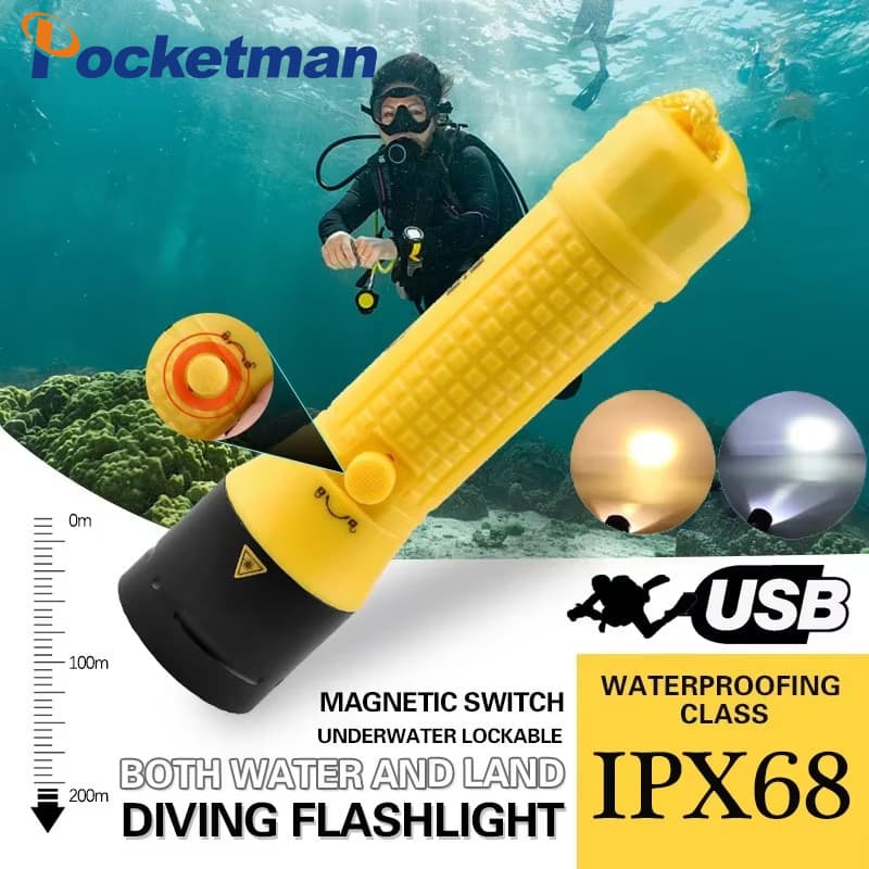 Lanterna De Mergulho Profissional IPX68 , À Prova D'água , Subaquática , 100m , Lâmpada Embutida , Bateria De 6000mAh ,