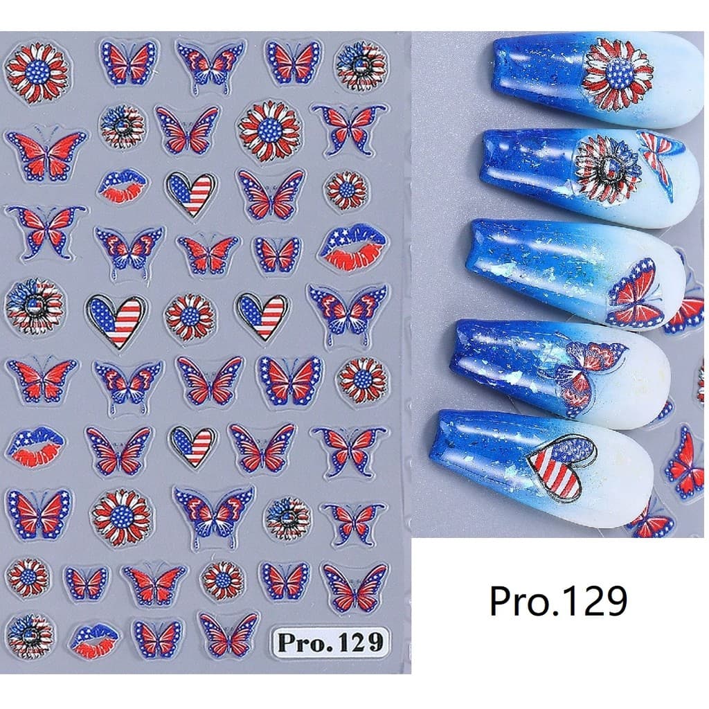 Decalques Patrióticos Da Arte Do Prego Bandeira Dos Eua 5D Pro129 , Borboleta Vermelha Branca Azul Em Relevo E Adesivos