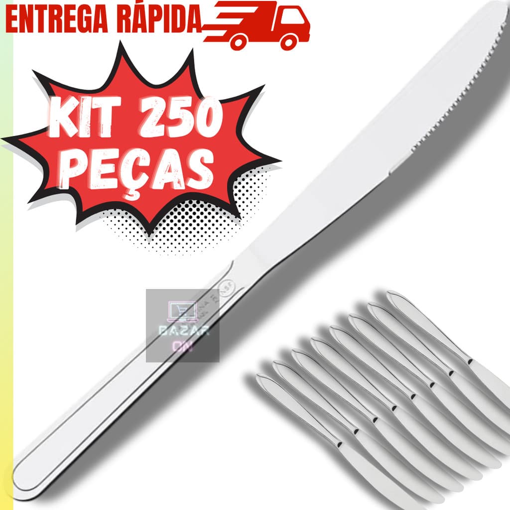 Kit Jogo 250 Facas Mesa Churrasco Aço Inox Com Serra Ponta Conjunto Jantar Almoço Restaurante Hotel