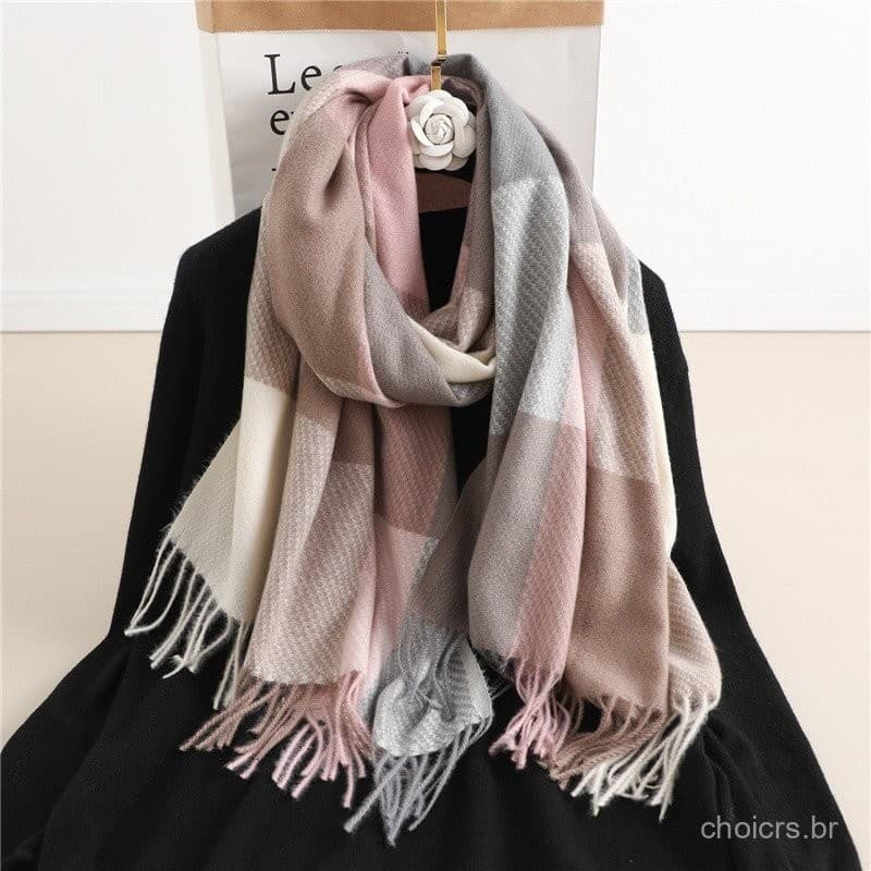 Luxuoso Cachecol Xadrez Inverno Quente Cachecol Longo de Cashmere Feminino Cachecol Feminino com Franjas Xaile Cachecol