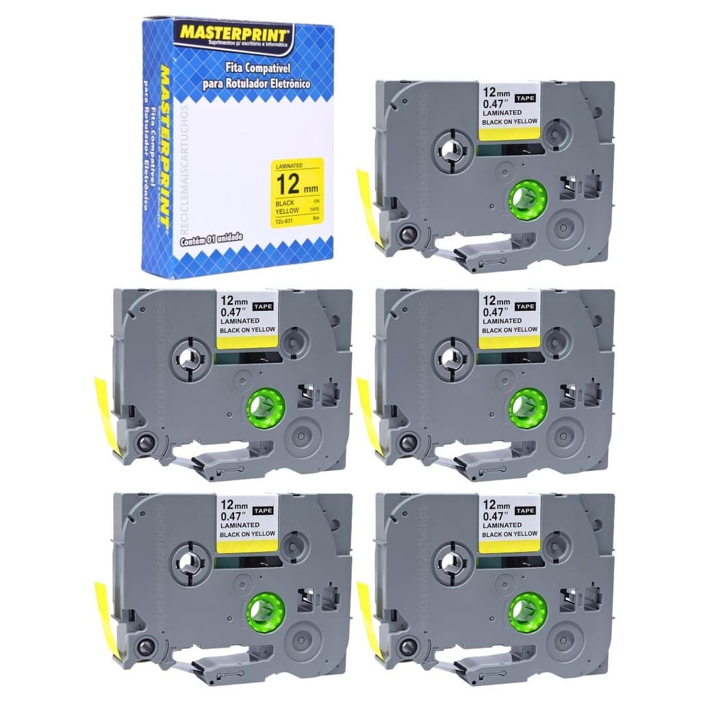 Kit 5 Etiqueta Compatível Com Rotulador Tze631 Tzc-631 631 Fita Amarela Com Letra Preta Laminada 12mm x 8m