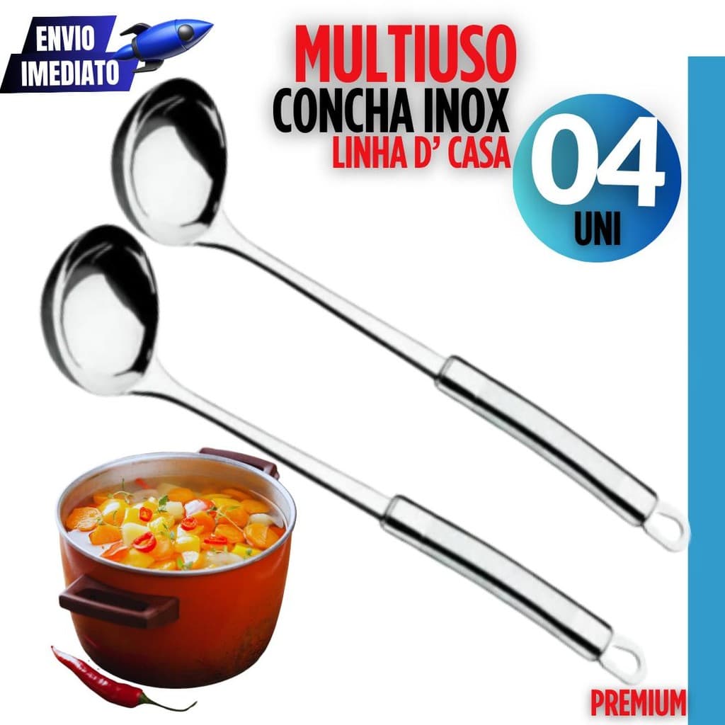Kit 4 Unidades – Concha de Aço Inox com Cabo Grosso 23cm | Linha Premium para Cozinha Versátil