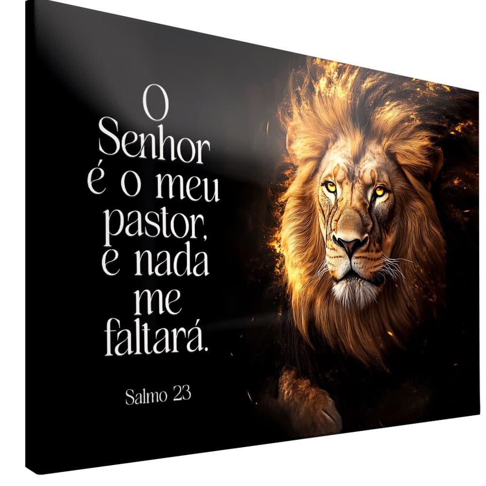 Quadro Decorativo Leão de Judá Chamas Sagradas "O Senhor é Meu Pastor" Salmos 23 Casa Sala Quarto Decoração Hall