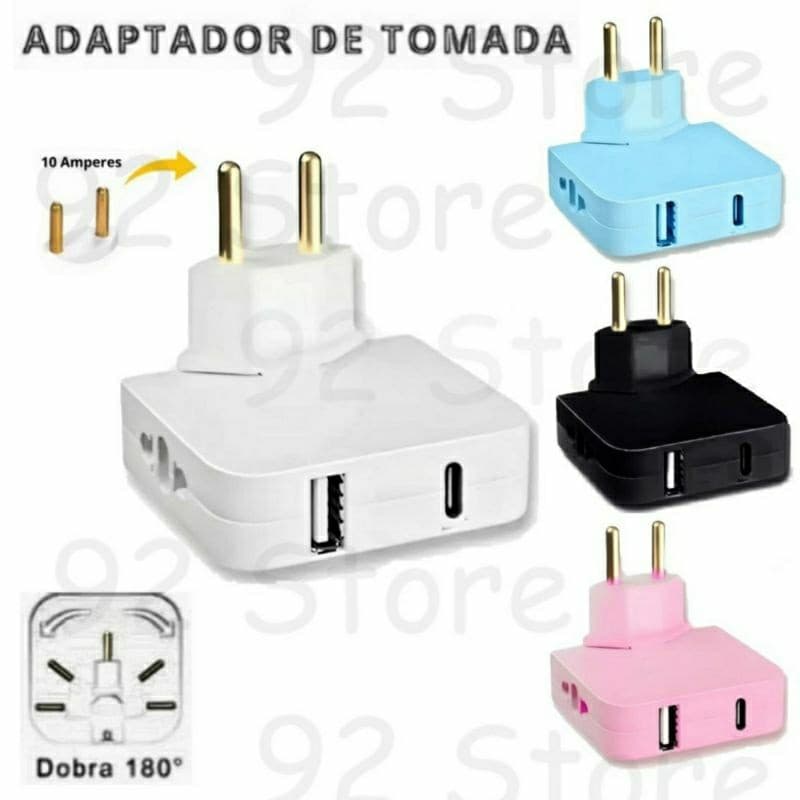 Adaptador Extensor de Tomada com USB e Tipo C Dobrável Plug 10A Articulado Benjamin