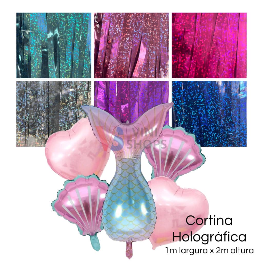 2 Cortinas Holográfica + 5 balões de sereia Calda de Sereia p/ festa aniversario evento decoração
