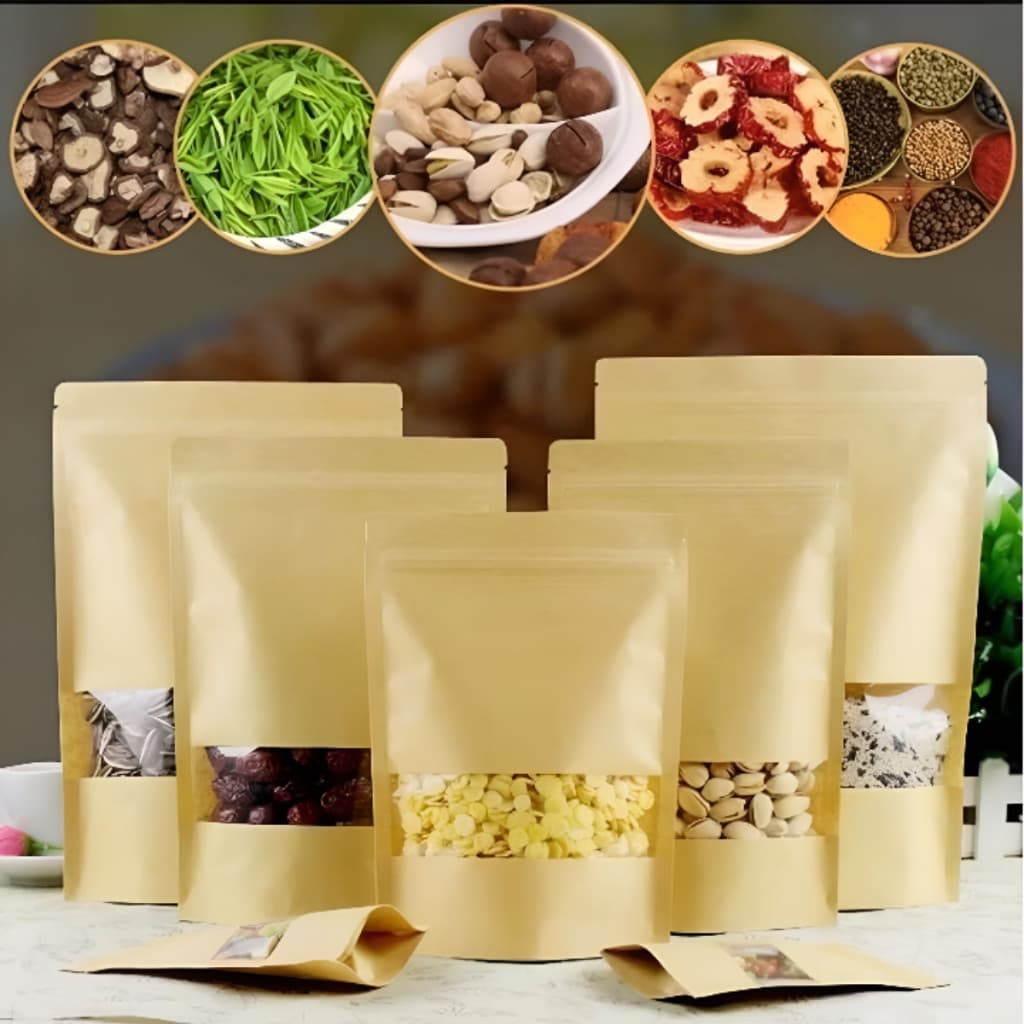 Saco Kraft Stand Up Pouch com Visor Transparente 12x20x4 com 50 unidades - Pronto de Entregar