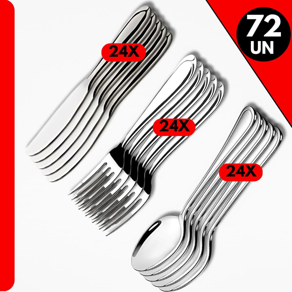 Conjunto Cozinha 72 Talheres Inox - Colheres, Garfos e Facas para Jantar, Bares, Restaurante