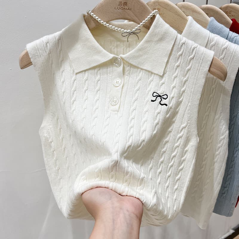 Camisola de malha bordada feminina elegante sem mangas Top bege