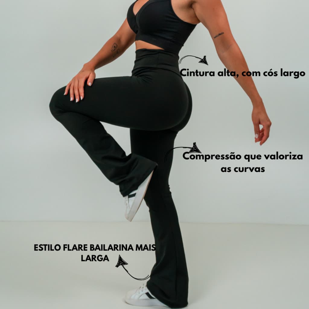 Calça Legging Feminina Flare Preta Cintura Alta e Zero Transparência Suplex Treino e Casual
