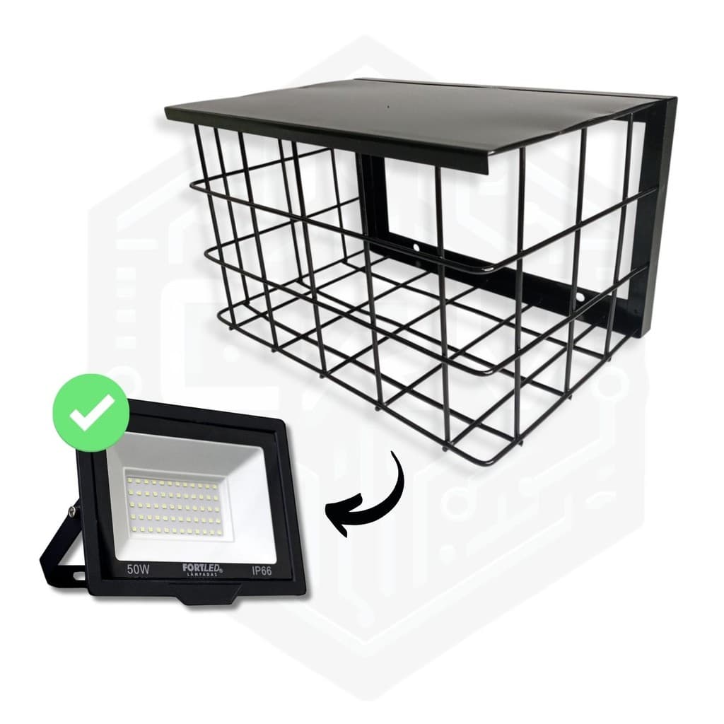 Grade de Proteção Estilo Gaiola Para Refletor de 50W Com Chapa Branco & Preto | Prático & Elegante