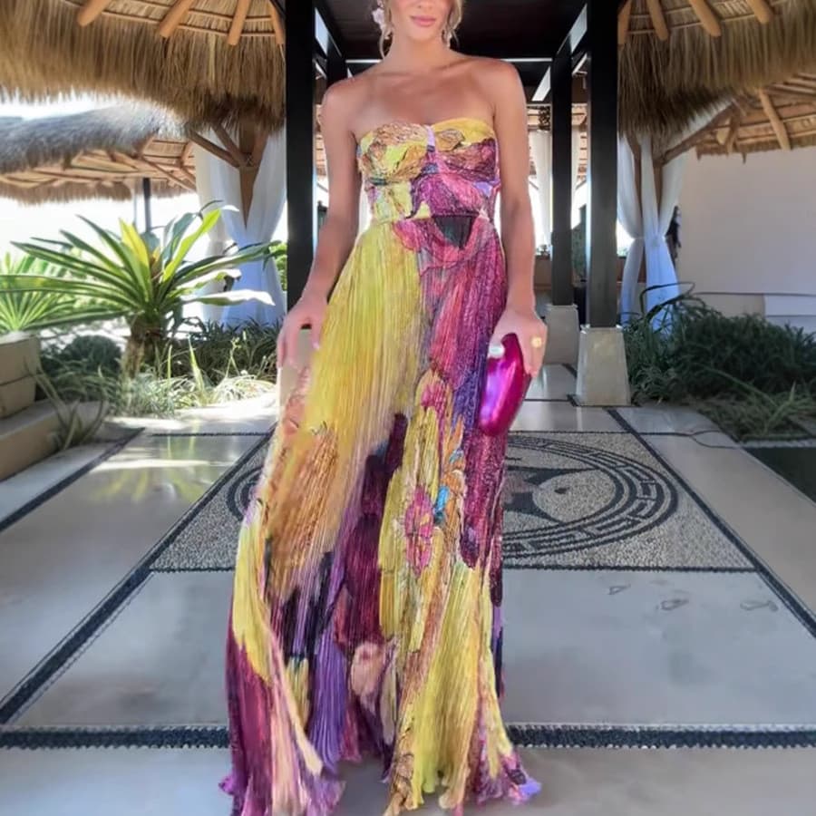 Vestido Longo de Moda Feminina Europeia e Americana, Moda com Bainha Oversized, Alças, Estampa, Vestido Sem Mangas Pliss