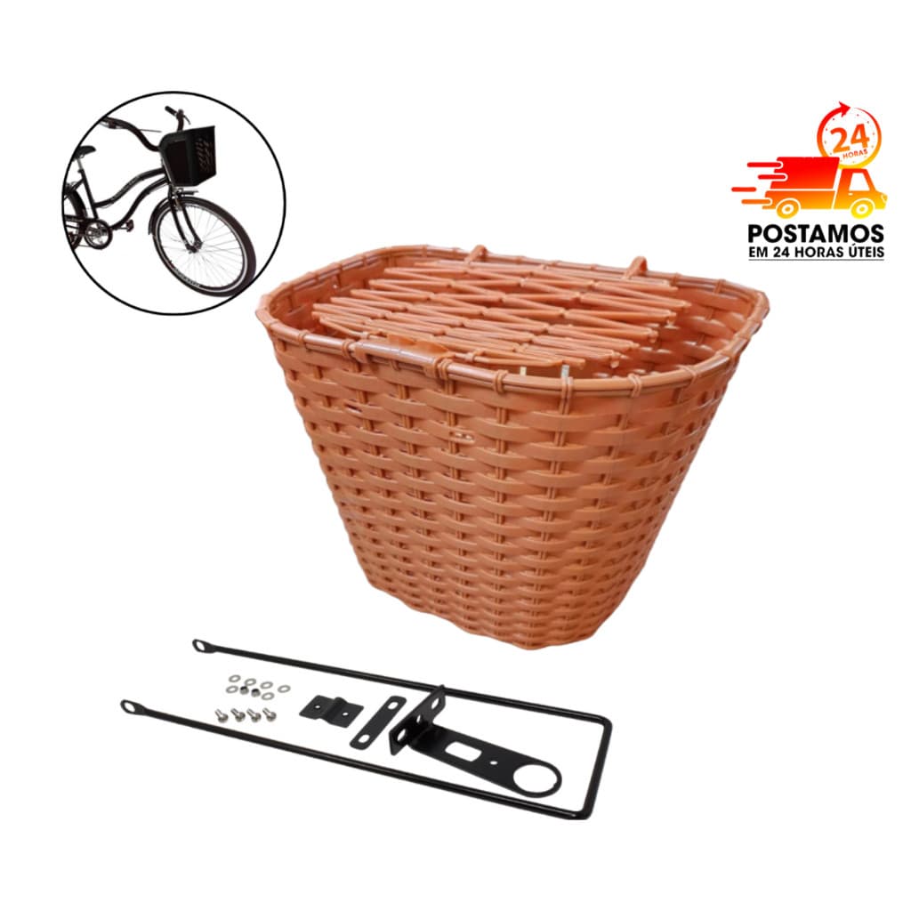 Cesta Cestinha Com Tampa de Plástico para Bicicleta Bike Aro 24 e 26 Grande Marrom Resistente Reforçada