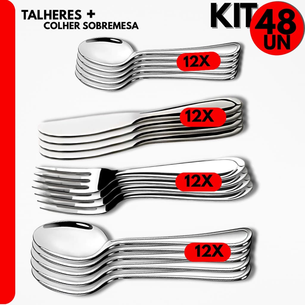 Talheres Inox- 48 pçs de Colheres, Garfos, Facas e Colheres de Sobremesa para Jantar, Bares, Restaurante e Festas