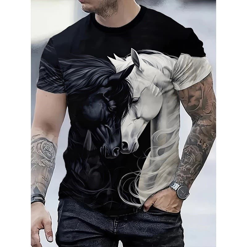 Camiseta Masculina Com Estampa 3d , Camisa Preta De Animais E Cavalos , Verão Ao Ar Livre , Roupas De hip-hop , Soltas L
