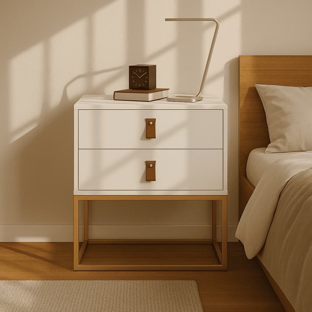 Mesa De Cabeceira Unic 45 Branco Base Metalica Dourada