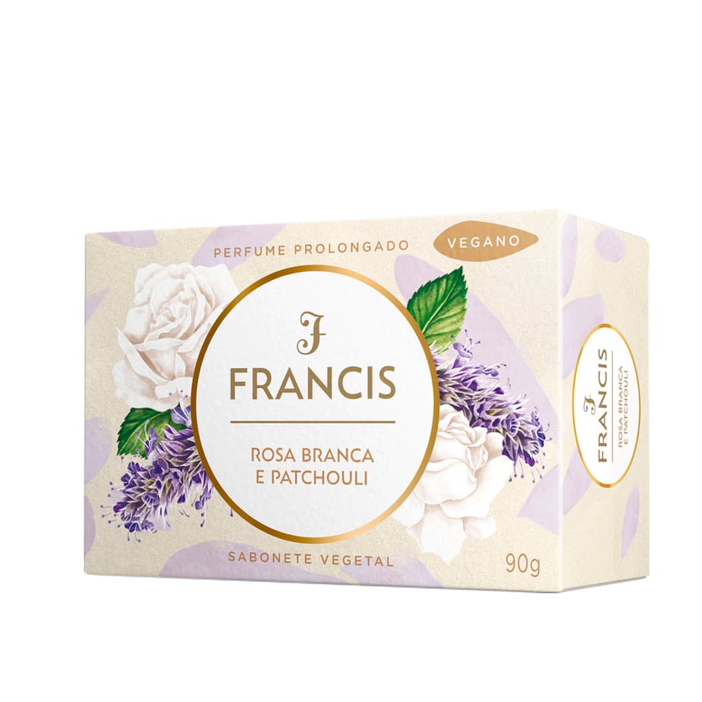 Kit 6 Sabonetes Vegetal Vegano Francis Rosa Branca e Patchouli 90g Perfume Prolongado