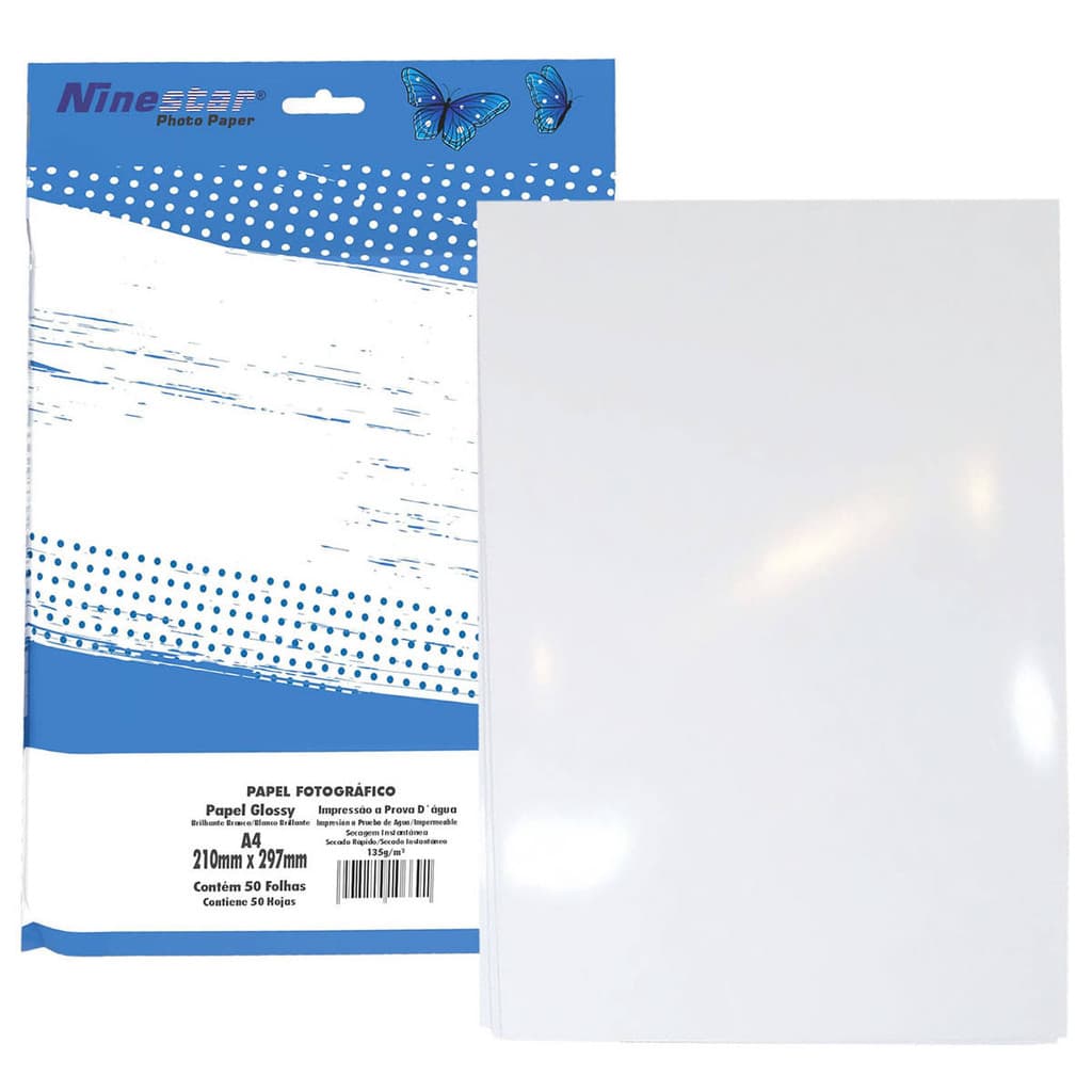 Papel Fotográfico Glossy 135g A4 Branco Brilhante Pacote com 50 folhas Ninestar
